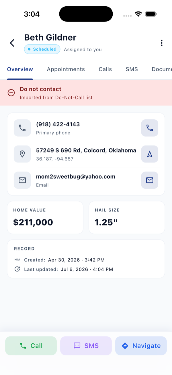 Roof-Aid mobile app showing a lead's detail — contact info, home value, hail size, and one-tap call, text, and navigate